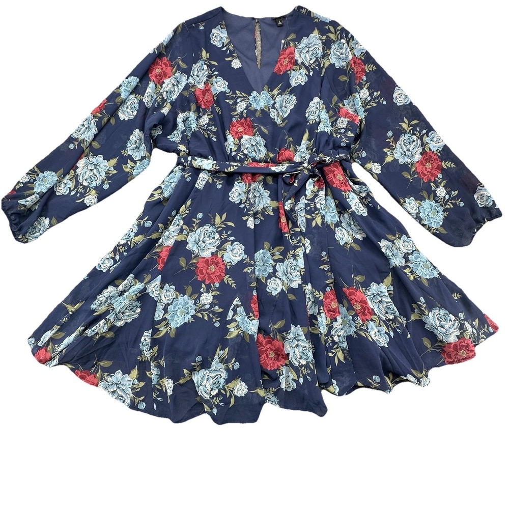 Torrid 2X 18/20 NWT Blue Floral Chiffon Surplice Mini Dress Belted Plus Size